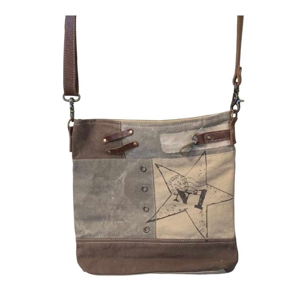 Myra Bag Western Boho Upcycled Canvas Leather Star No. 1 Crossbody Bag
